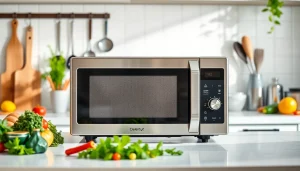 Showcasing microwave oven sales with a stylish kitchen and modern microwave.