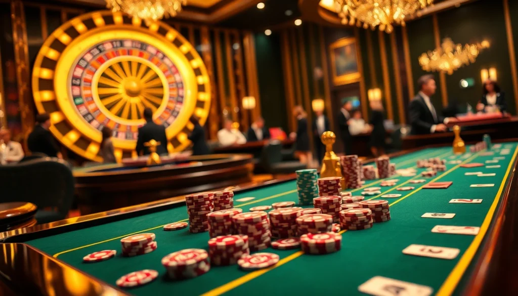 Players enjoying a thrilling game at KJC casino tables, surrounded by excitement and vibrant atmosphere.