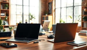 laptopy na nowoczesnym biurku z dodatkowymi elementami technologii i zieleni