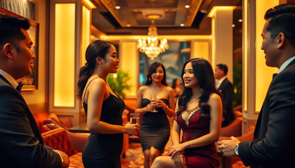 Singapore escort services in a luxurious lounge setting with elegant women and men.