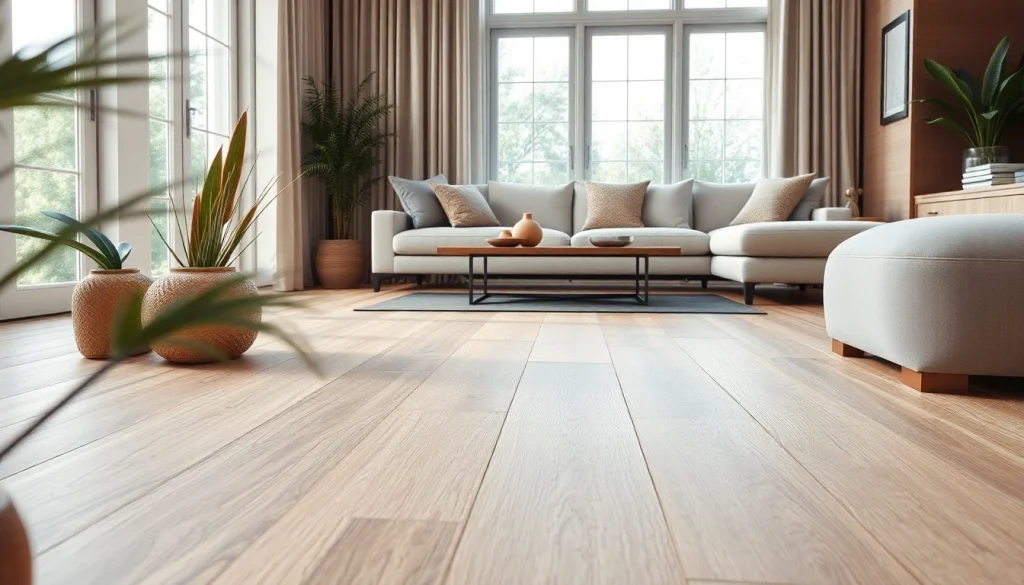 Elegant vinyl flooring featured prominently in a modern living room setup with natural decor.