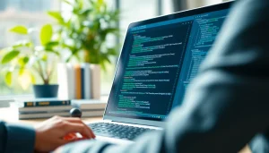 Web developer optimizing meta tags on a laptop in a modern office environment.