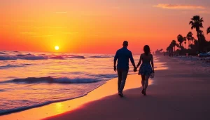 Experience breathtaking sunset at https://myrtlebeachsc.com/ with couples enjoying a romantic walk on the beach.