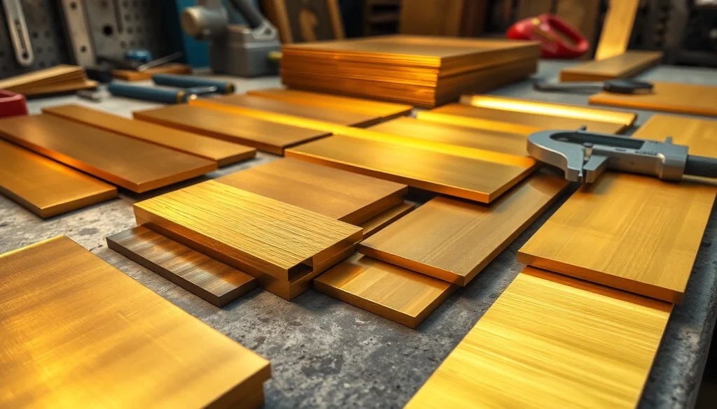 Platbanda alama versatilă (benzi de alamă) expusă pe un banc de lucru pentru aplicații de prelucrare a metalelor.