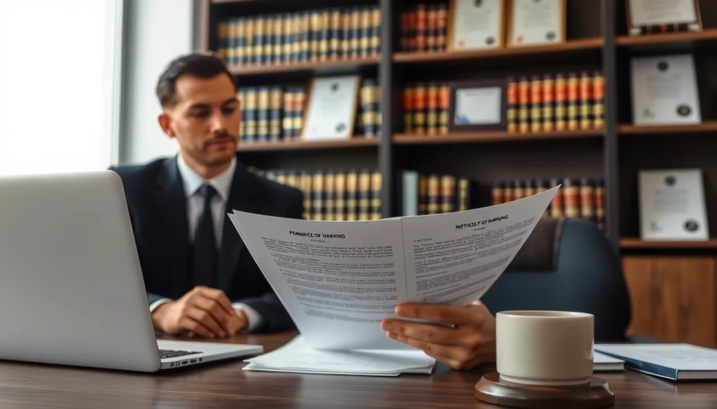 Abmahnung erhalten - Anwalt analysiert rechtliche Dokumente in einem professionellen Büro.