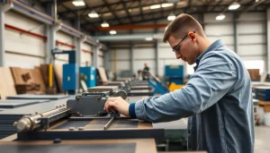 Expert performing custom shearing edmonton on metal sheets, showcasing precision and advanced machinery.