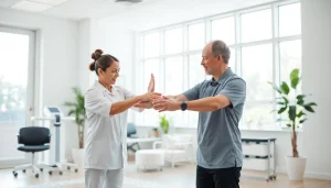 Engaged physiotherapy near me session focused on patient care in a modern clinic.