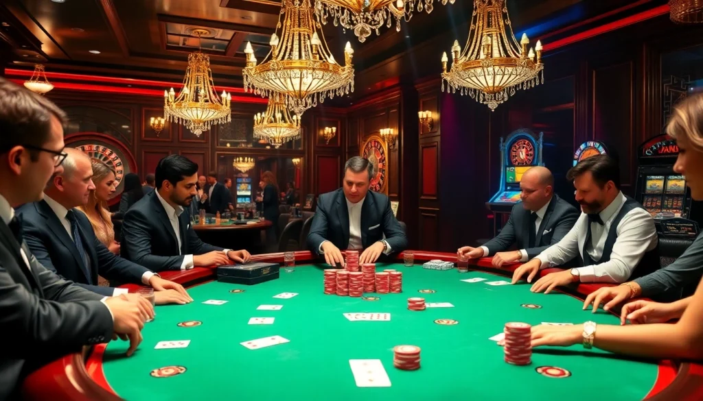 Engaged players at an idn poker table in a luxurious casino setting.