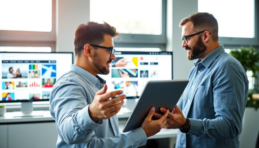 Showcasing web design essex for small business in a bright office environment with consultant and client collaboration.