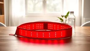 Red light therapy belt prominently displayed on a modern table, promoting wellness and recovery.