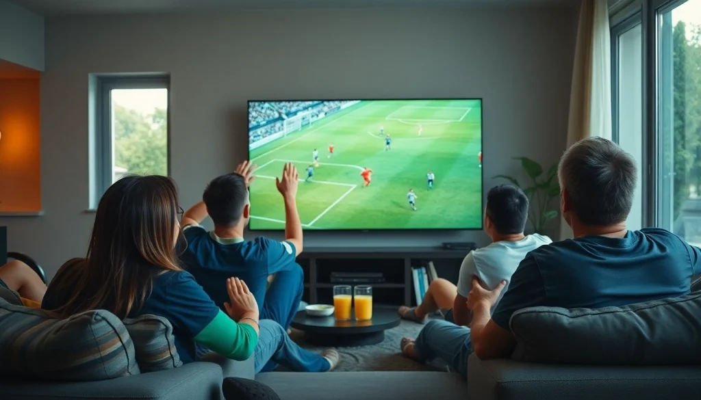 Experience the excitement of 토토티비 as friends gather in a cozy living room, watching a live sports game together.