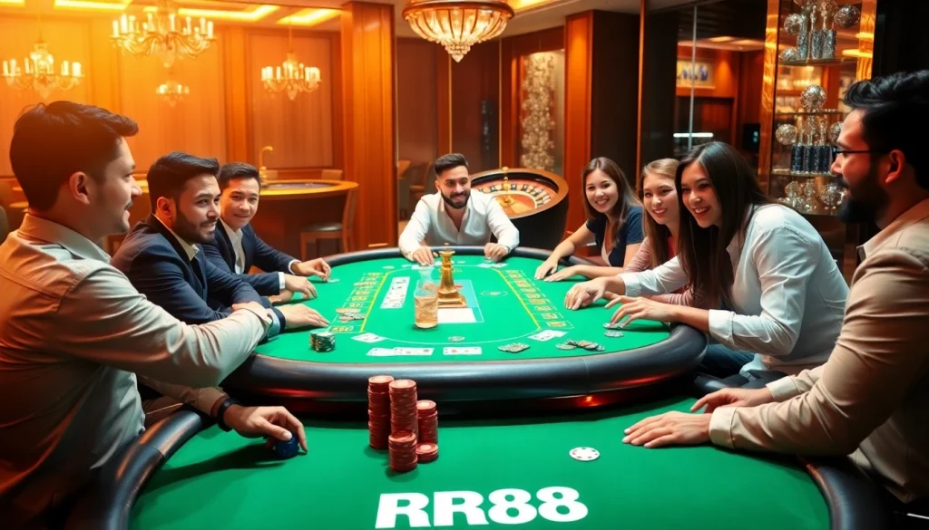 Excited players at an RR88 poker table, showcasing luxury and excitement in a modern casino setting.