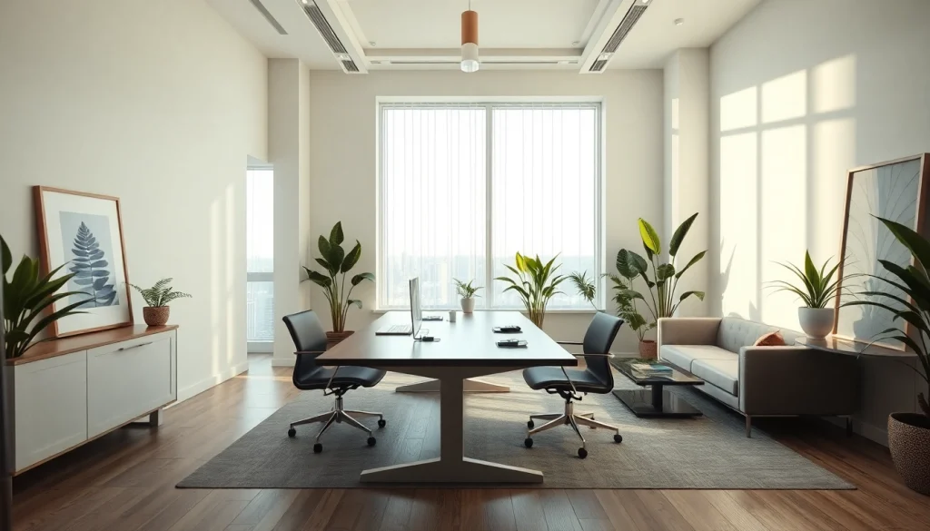 Projektowanie wnętrz online w nowoczesnym biurze z eleganckim wystrojem i naturalnym światłem.