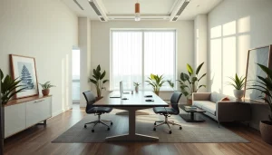 Projektowanie wnętrz online w nowoczesnym biurze z eleganckim wystrojem i naturalnym światłem.