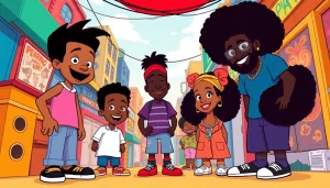 A vibrant scene depicting characters from African American cartoons like "The Boondocks" and "The Proud Family," celebrating diversity and culture.
