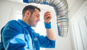 Expert technician conducting Dryer Vent Repair in a well-lit home environment.