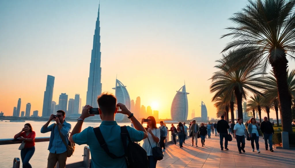 Experience iconic architecture while you Explore Dubai with vibrant landmarks and lively tourists.