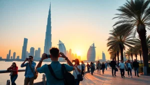 Experience iconic architecture while you Explore Dubai with vibrant landmarks and lively tourists.