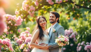 Wedding photographer capturing a loving couple celebrating their marriage in a beautiful outdoor setting.