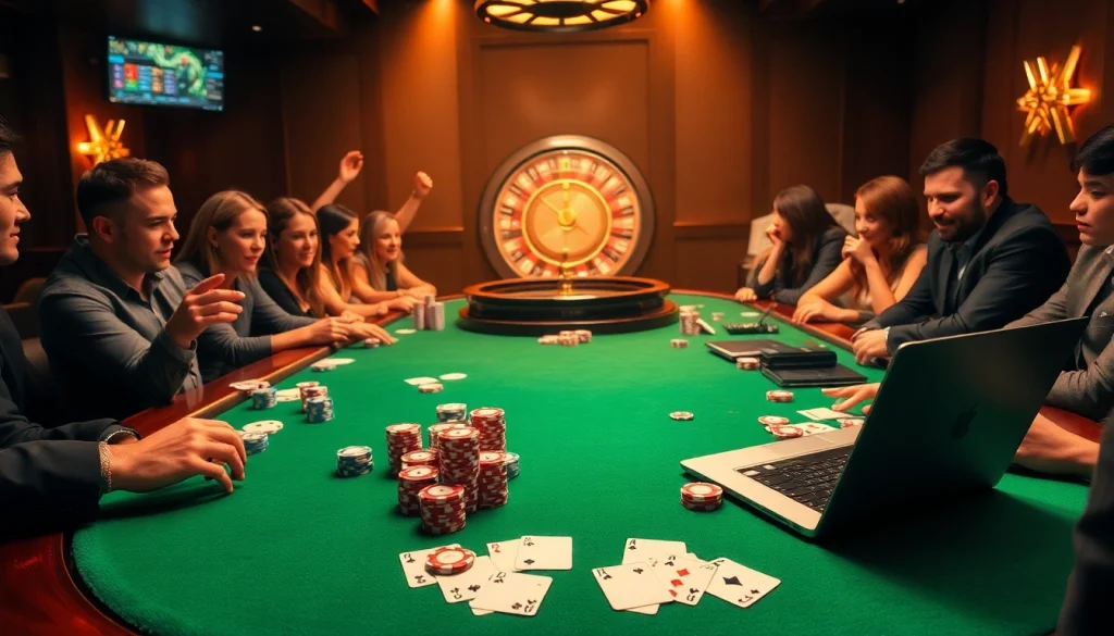 Para penjudi menikmati permainan kompetitif di meja situs poker, chip dan kartu sedang dimainkan.