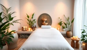 편안함과 웰빙을 촉진하는 아름답게 정돈된 마사지 테이블이 있는 평온한 마사지 환경