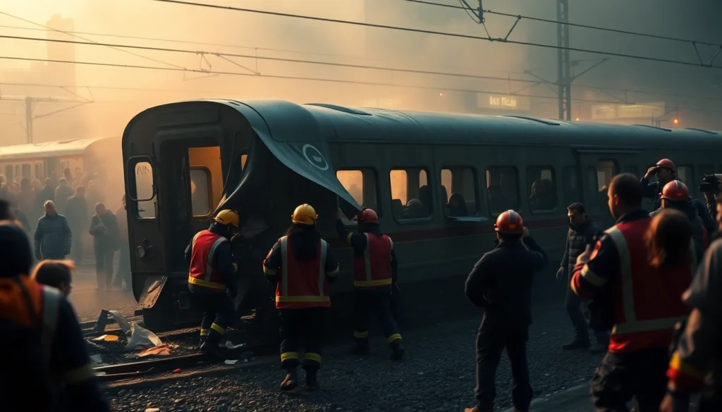 Emergency responders at the scene of the spain train crash aiding distressed passengers.