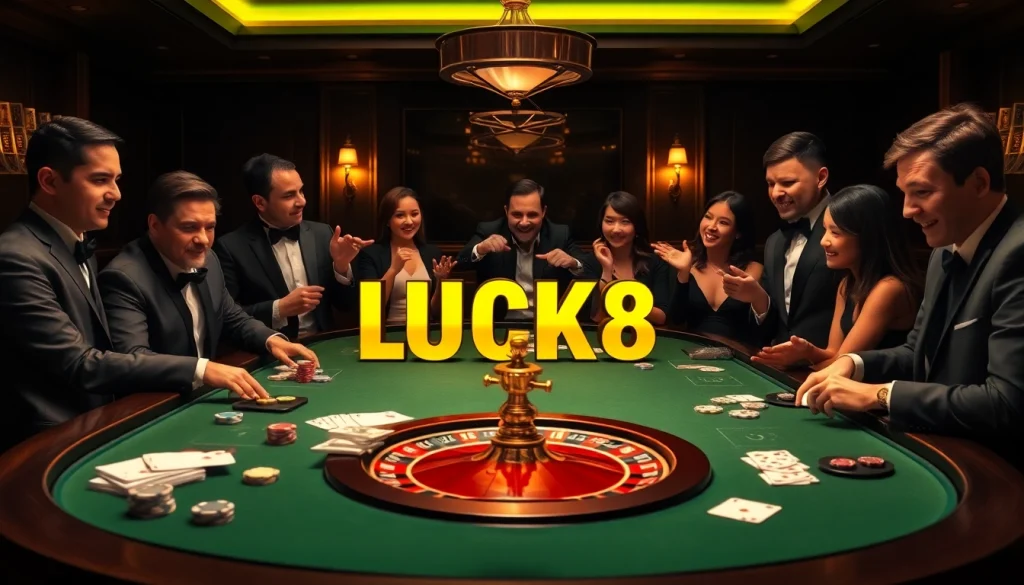 LUCK8 casino table scene with poker chips and roulette wheel, conveying excitement and luxury.