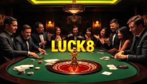 LUCK8 casino table scene with poker chips and roulette wheel, conveying excitement and luxury.