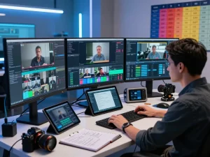 Data analyst using video to prompt software in a high-tech studio, focused on AI video analysis and prompt generation.