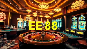 EE 88 casino scene showcasing vibrant slot machines, poker tables, and roulette wheels with betting action.