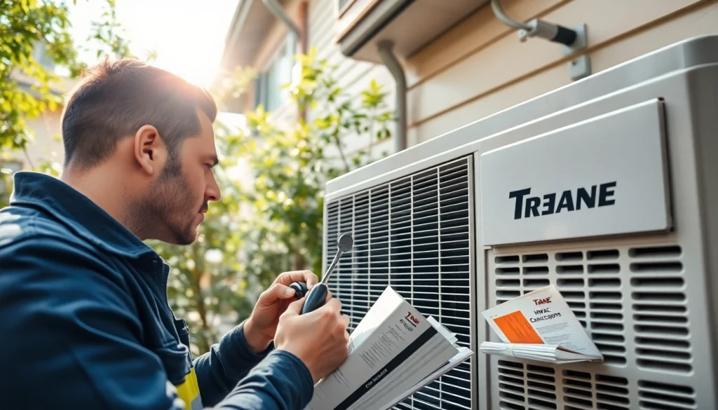 HVAC technician servicing a Trane Canada air conditioning unit in a sunny home environment.