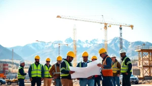 Engaging colorado construction news scene featuring diverse workers collaborating on a blueprint.
