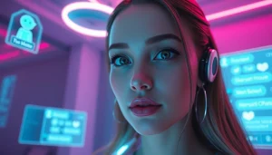 Engaging NSFW AI girlfriend avatar in a vibrant digital chat setting.