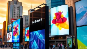 Engaging digital advertising boards illuminating a busy cityscape during golden hour.