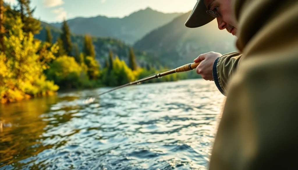 Angler demonstrating the best fly fishing rods in a serene river setting with a lush background.