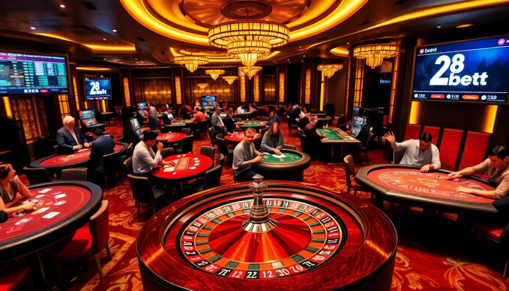 Engaged players betting at 28 bet casino tables with vibrant roulette wheels and poker games.