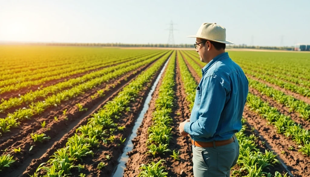 Land irrigation system in a green field being examined by a farmer.