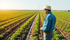 Land irrigation system in a green field being examined by a farmer.