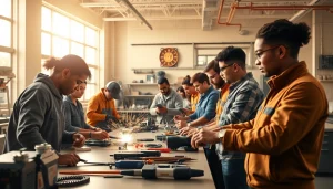 Students actively participating in hands-on training at a trade school, showcasing skills and technology.