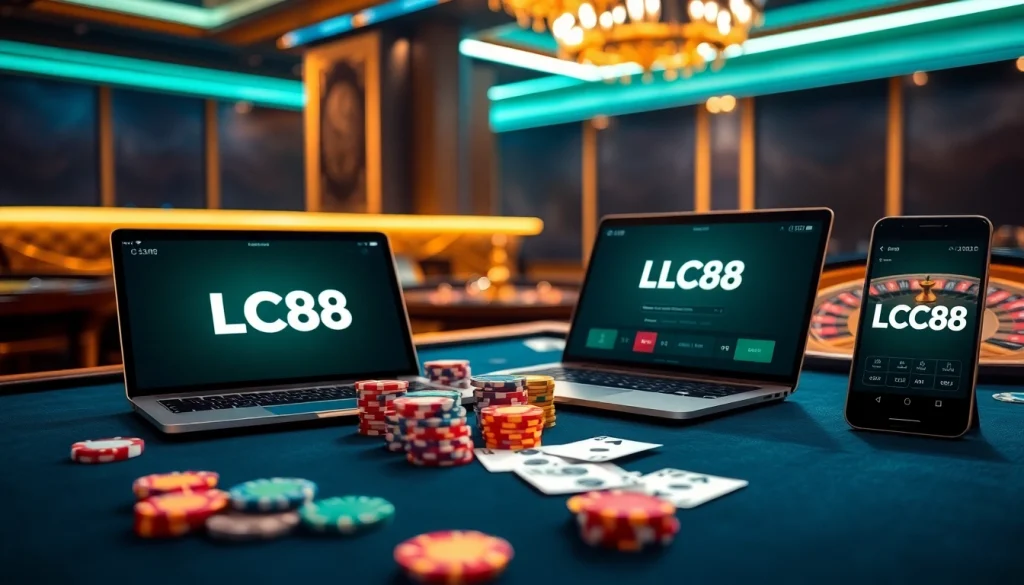 Experience the excitement at LC88 casino with vibrant poker chips and cards.