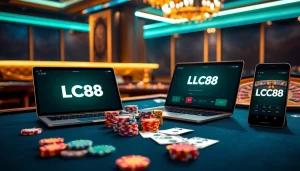 Experience the excitement at LC88 casino with vibrant poker chips and cards.